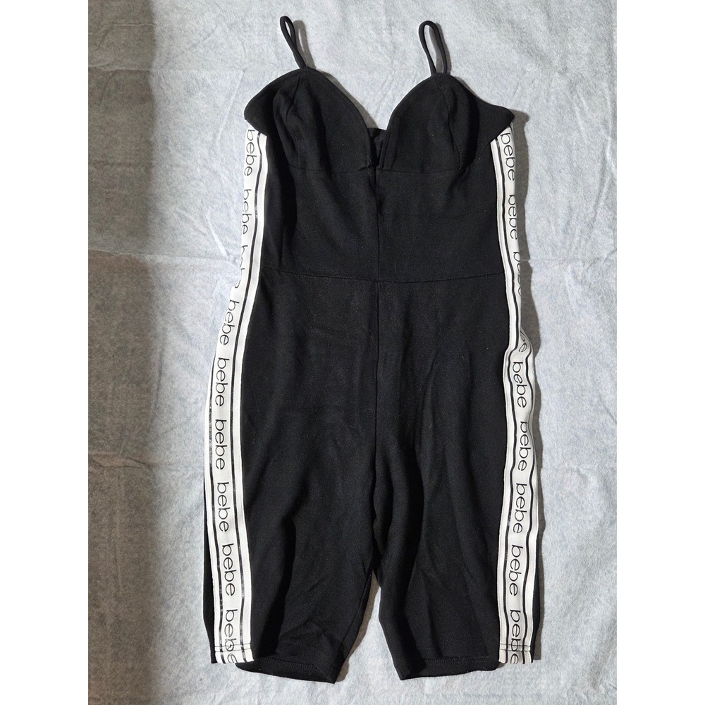 Y2k Bebe Black‎ Romper Logo Tape Side Stripe Biker Short Jumpsuit Medium